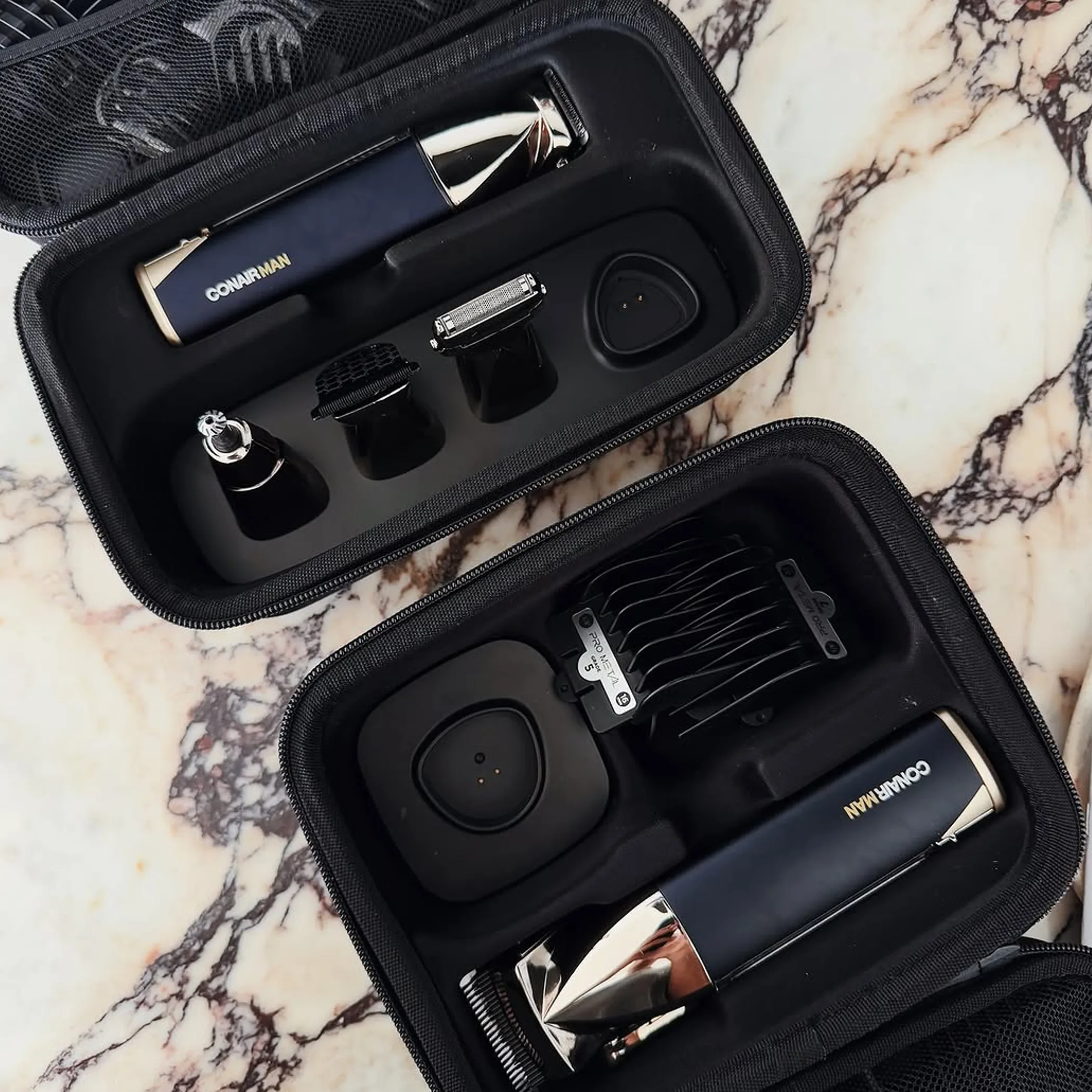 men's grooming tools on white background